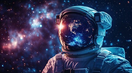 Female Astronaut Wearing Space Helmet Floating in Space with Earth Reflection on Visor and Starry Galaxy Background