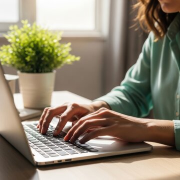 Young woman focused on typing on a laptop computer at a desk with a plant in the background creating a productive workspace