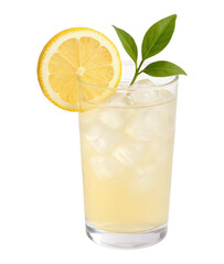 A refreshing glass of homemade lemonade with ice cubes, garnished with a fresh yellow lemon slice and green leaves, Isolated on Transparent and White Background