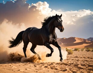 Powerful black horse galloping in desert kicking up dust