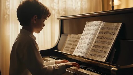 Child playing piano with sheet music. Boy learning music at home with piano.
