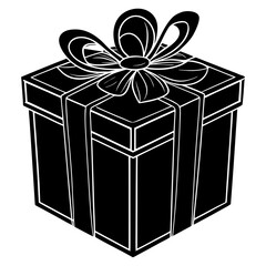 A black and white illustration of a perfectly wrapped gift box with a large bow on