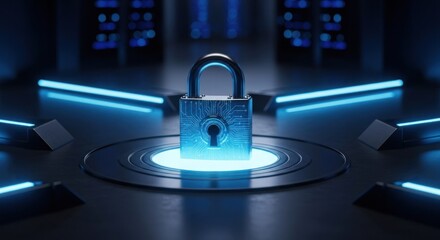 Secure server room, glowing lock
