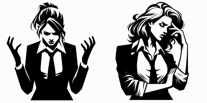 Business woman feeling frustrated. Corporate Finance Cartoon Minimal Clipart Line Art Vector Illustration. female emotion vexation job challenge workplace aggravation tense.