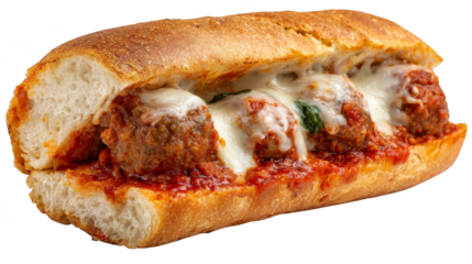 Closeup of juicy meatball with melted cheese and flavorful tomato sauce delicious.