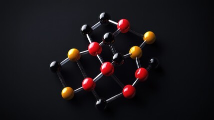 Spherical nodes connected by rods in black, red, yellow, on dark background