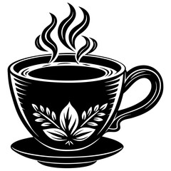 A black and white illustration of a steaming cup of hot coffee or tea on a saucer
