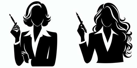 Business woman holding pen. Corporate Finance Cartoon Minimal Clipart Line Art Vector Illustration. Executive female with writing tool professional at job enterprise concept.