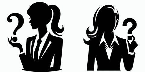 Business woman holding question mark. Corporate Finance Cartoon Minimal Clipart Line Art Vector Illustration. Female professional with symbol of doubt executive person seeking solution.