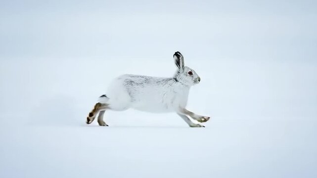 White hare running on snow