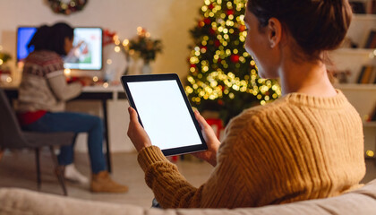 Woman uses tablet with Christmas home.