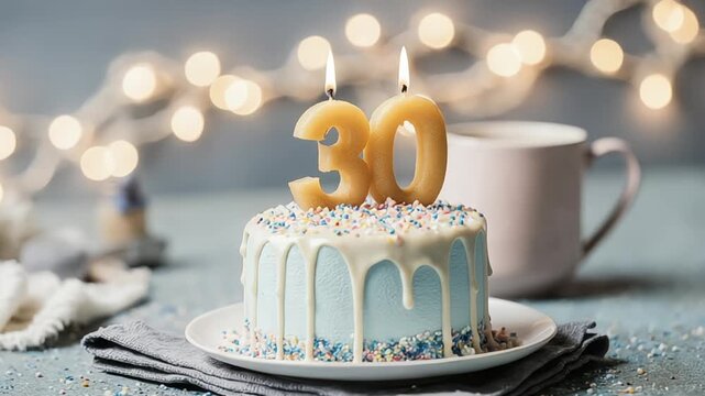 Celebratory 30th birthday cake with candles and decorative sprinkles
