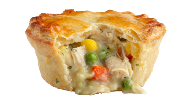 Delicious homemade chicken pot pie with a golden crust and missing slice savory.