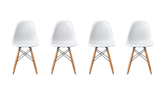 Four elegant white chairs with light wooden legs, a perfect blend of modern and classic style for your home.