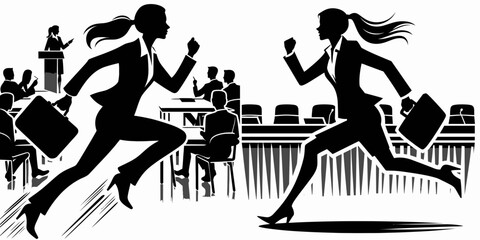 Business woman running conference. Corporate Finance Cartoon Minimal Clipart Line Art Vector Illustration. Female professional hosting annual industry summit a leadership forum.