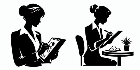 Business woman writing plan. Corporate Finance Cartoon Minimal Clipart Line Art Vector Illustration. Female professional crafting strategy work idea creation & project draft.