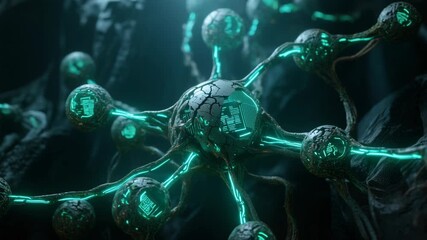 Glowing Organic Data Nodes Connected By Veins With Pulsating Filaments In Dark Environment - Powered by Adobe