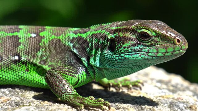 Close-Up View of Green Lizard Resting on Stone Wildlife Stock Footage