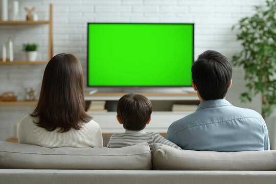 Family watching television with green screen in living room from behind