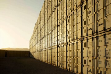 Obraz premium Shipping containers stacked in a sunlit port, symbolizing global trade, logistics solutions, and efficient cargo transportation services worldwide.