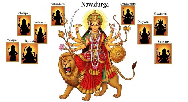 Illustration of Navadurga with Nine Forms Represented in a Traditional Style, Generative ai