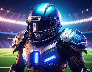 Futuristic American football player in glowing armor on stadium field at night