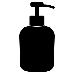 A black silhouette of a liquid soap dispenser with a pump mechanism and a rounded bottle isolated on a white