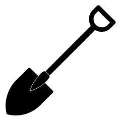 A black silhouette of a shovel with a pointed metal blade and a curved handle isolated on a white background