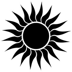 A stylized black sun with a central circle and radiating wavy flamelike rays on a white background
