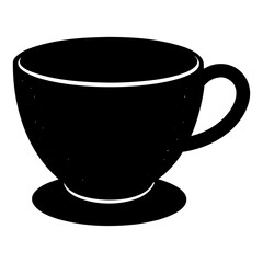 A black silhouette of a classic coffee cup with a handle and a matching saucer on a white background