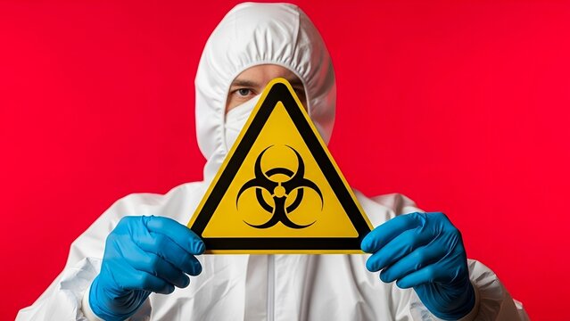 Scientist in a white protective hazmat suit holding a yellow biohazard warning sign against a solid red background. Concept of pandemic and virus danger.