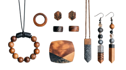 Handcrafted Wooden Jewelry: A flat lay of handcrafted wooden jewelry like necklaces, rings, and earrings, isolated on a Transparent background, PNG file.