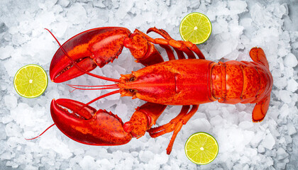 Fresh Cooked Red Lobster on Ice with Lime, Top View, Commercial Seafood Photo