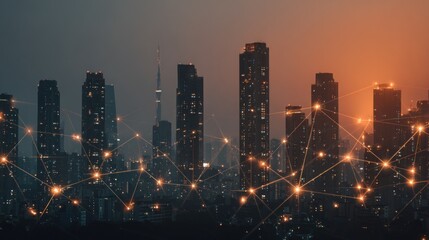 Obraz premium Illuminated city skyline with interconnected network lines.