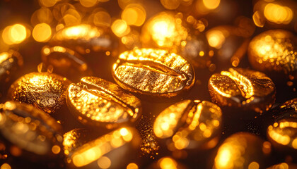 Golden Roasted Coffee Beans with Glowing Particles and Warm Dramatic Lighting