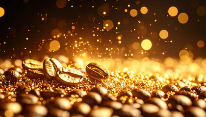 Golden Roasted Coffee Beans with Glowing Particles and Warm Dramatic Lighting