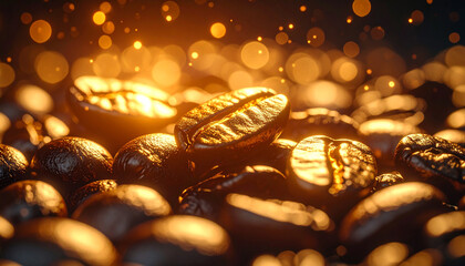 Golden Roasted Coffee Beans with Glowing Particles and Warm Dramatic Lighting
