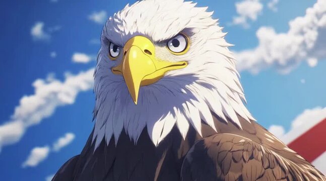 Bald Eagle Gazes Fiercely Beneath Blue Sky and Flag Stripe