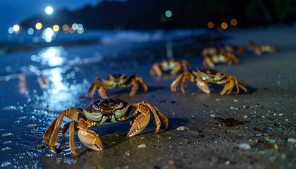 Group of Crabs on Wet Sand Beach at Night with Cinematic Lighting