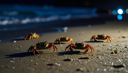 Group of Crabs on Wet Sand Beach at Night with Cinematic Lighting