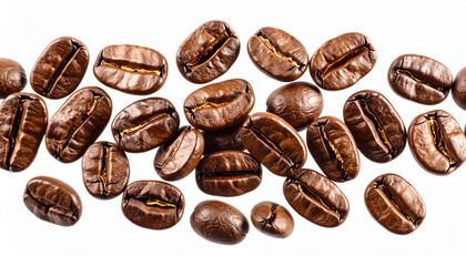 Macro Closeup of Roasted Coffee Beans with Rich Texture on White Background