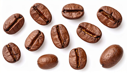 Macro Closeup of Roasted Coffee Beans with Rich Texture on White Background