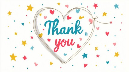 Thank you" message in elegant script surrounded by hearts and stars on white