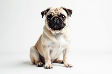 Obraz premium Adorable pug dog sits alone against white background , domestic, wrinkles