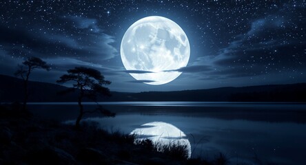 Full Moon over Calm Lake at Night with Stars and Silhouetted Trees
