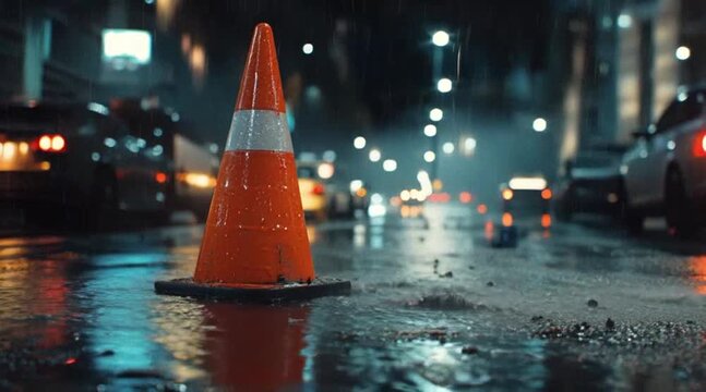 Traffic Cone at Night: Urban Street with Glowing City Lights