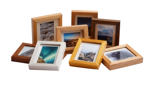 Handcrafted Wooden Picture Frames: A flat lay of handcrafted wooden picture frames with photographs inside, isolated on a Transparent background, PNG file.