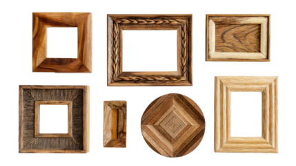 Handcrafted Wooden Picture Frames: A flat lay of handcrafted wooden picture frames with intricate designs, isolated on a Transparent background, PNG file.