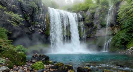 Majestic Waterfall Cascading into a Turquoise Pool