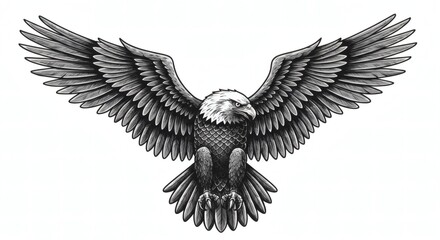 Detailed Black and Gray Tattoo Design of Soaring Eagle – Symmetrical Vintage Engraving Style with Intricate Feathers and Sharp Eyes, Isolated on White Background for Tattoo or Print Use